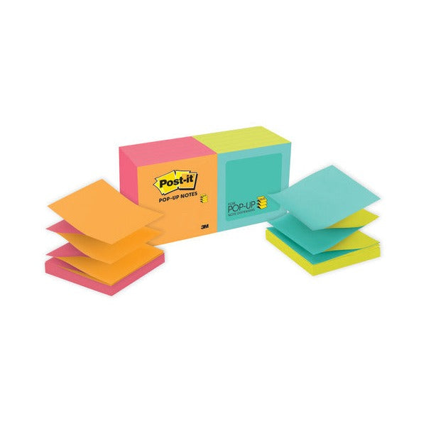 Post-it R330-N-ALT pop-up note pack in pink and green wrap with fanned orange, pink, lime and aqua notes beside it