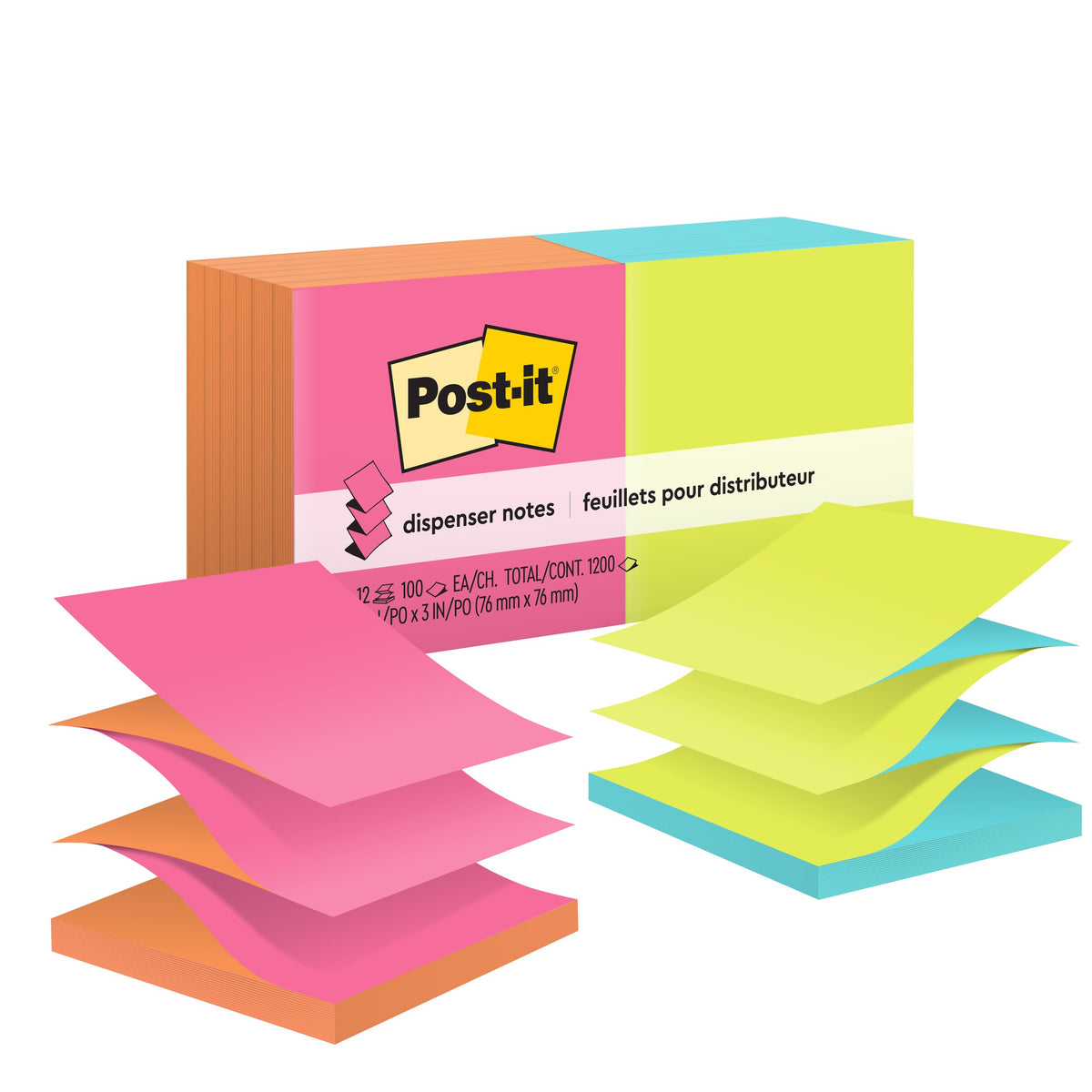 Current 3M pack of R330-N-ALT dispenser notes, 12 pads of 100 printed on the wrap, with pink and lime pop-up stacks in front