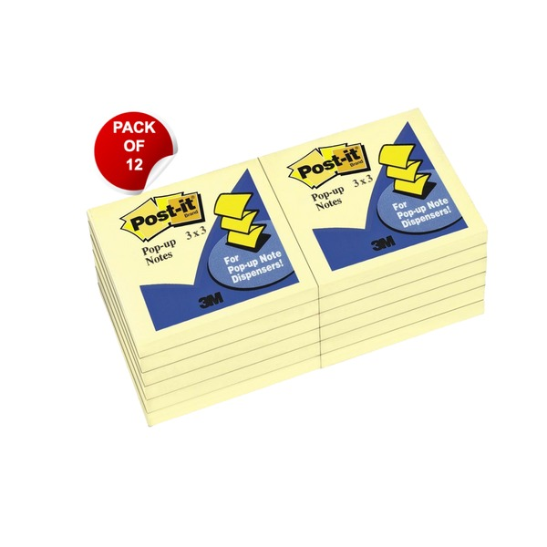 Two stacks of Post-it R330-YW canary yellow pop-up note pads, six pads each, with a red Pack of 12 sticker added to the image