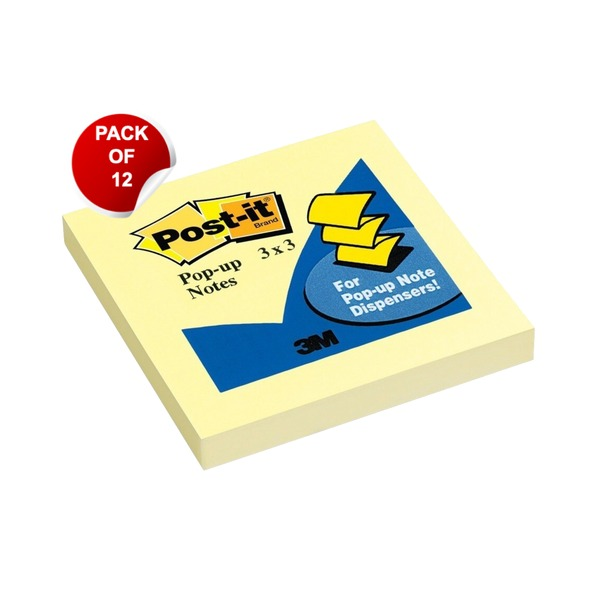 Single canary yellow Post-it pop-up pad printed Pop-up Notes 3x3 and For Pop-up Note Dispensers, with a red Pack of 12 sticker added