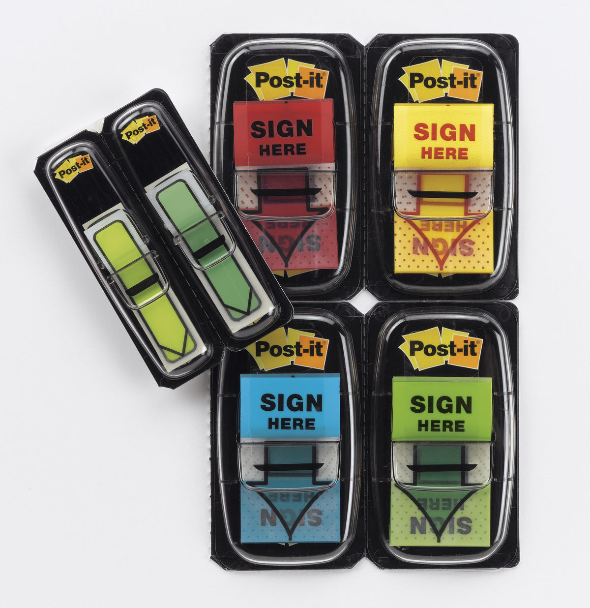 Out of the pack: four clear dispensers of Sign Here flags in red, yellow, blue and green beside two dispensers of lime and green arrow flags