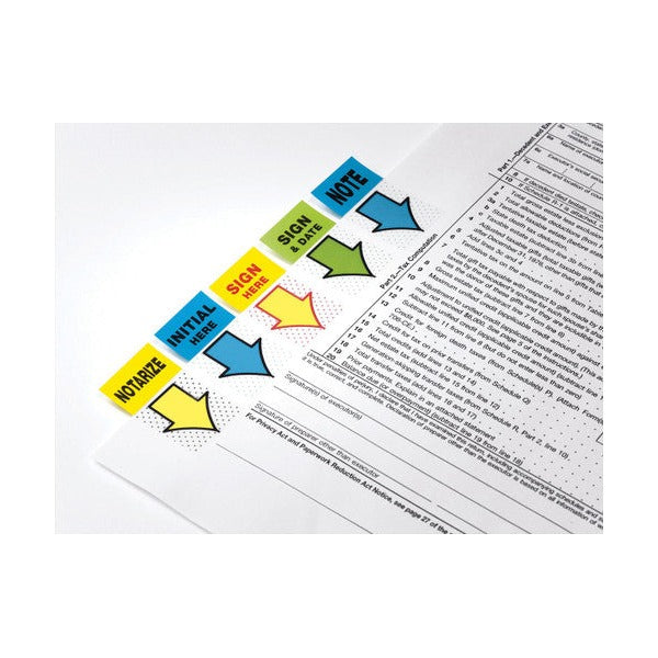 Range photo of Post-it message flags along a form, including Sign Here, Initial Here, Sign and Date and Note; only the yellow Sign Here design is in this pack