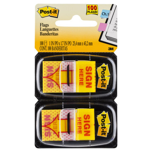 Post-it Sign Here Flags 680-SH2 yellow 25 x 43mm 100 preprinted Sign Here flags across 2 dispensers for marking signature fields on contracts and approval documents
