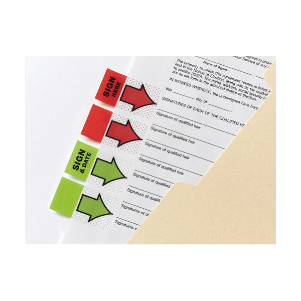 Green Sign and Date flags and red Sign Here flags stuck along the signature lines of a printed form, arrows pointing at each line