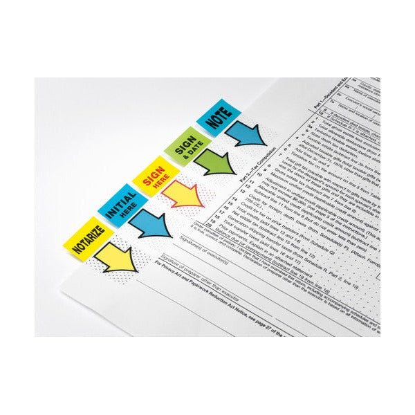 Range photo of several Post-it message flag designs on a form, including Sign and Date, Sign Here, Initial Here and Note; only the green Sign and Date design is in this pack