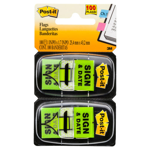 Post-it Sign and Date Flags 680-SD2 bright green 25 x 43mm 100 preprinted Sign and Date flags across 2 dispensers for compliance document workflows