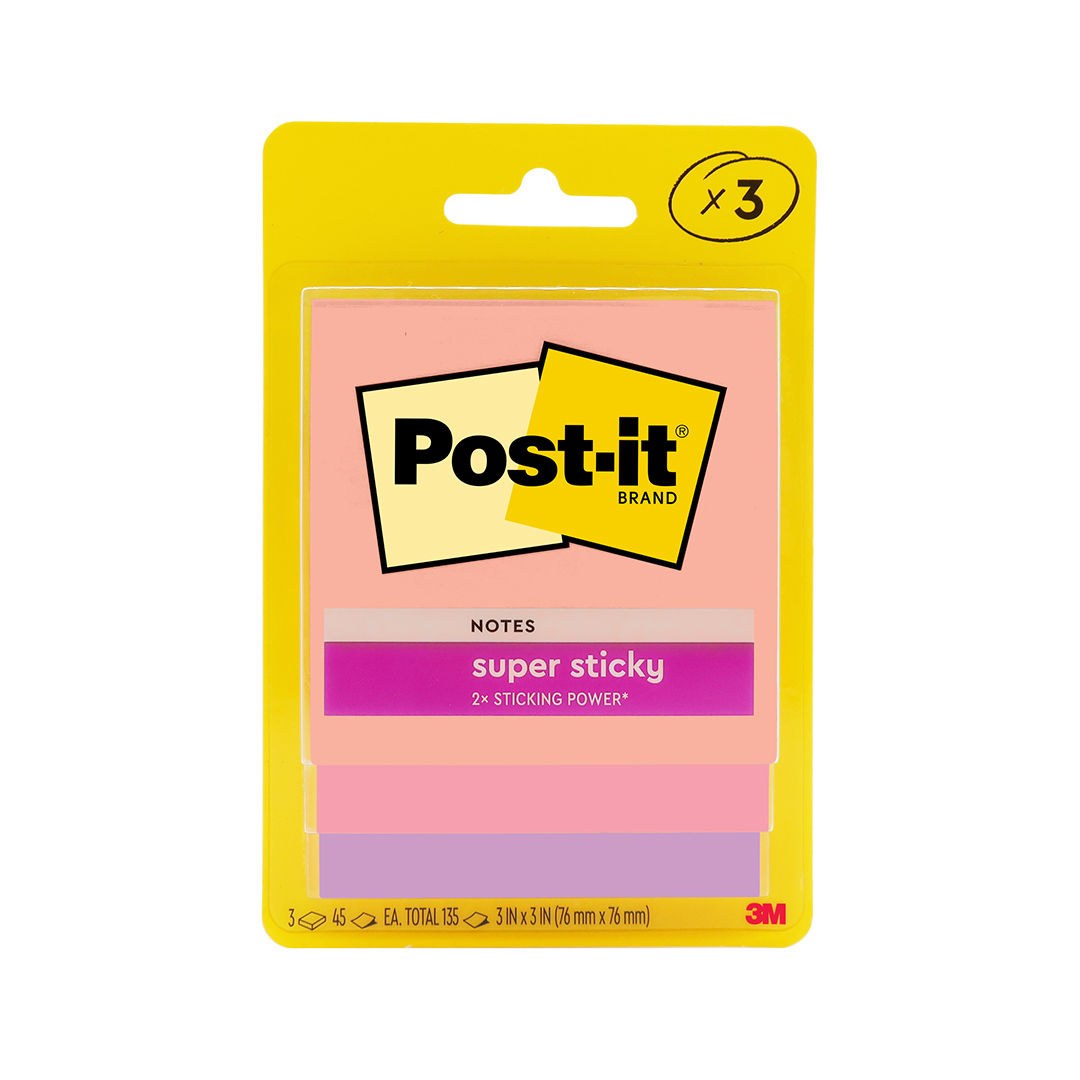 Front of the Post-it Flamingo Super Sticky card 3321-3SSJP with three 76mm pads in peach, pink and lilac and the 3 x 45 sheet count printed at the base