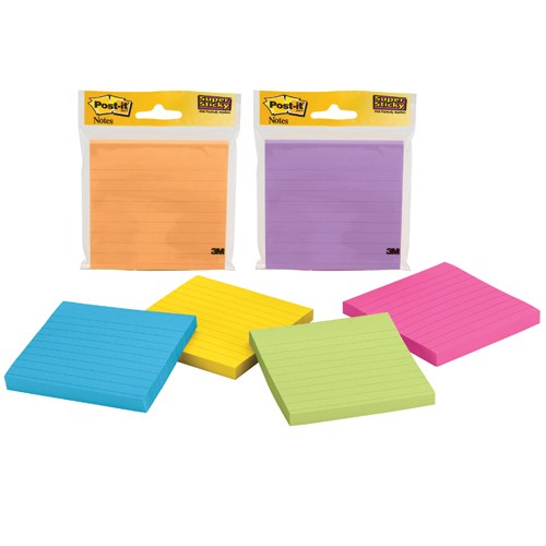 Two Post-it 4490-SSMX single pad packs in orange and purple with loose lined blue, yellow, green and pink pads, as shown by 3M