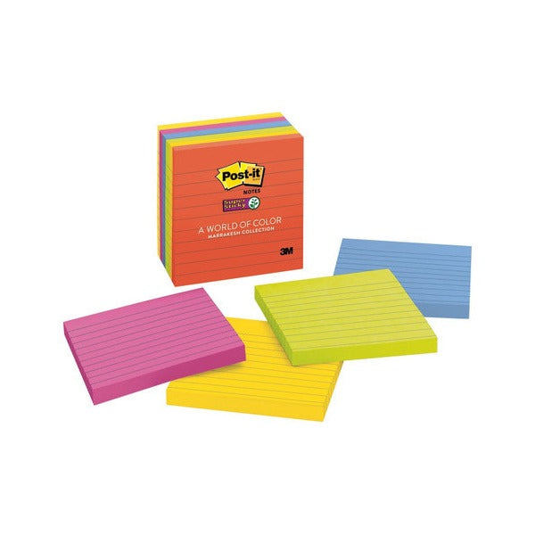 Post-it 675-6SSAN Marrakesh pack with loose lined pads in magenta, yellow, lime and blue fanned in front of it