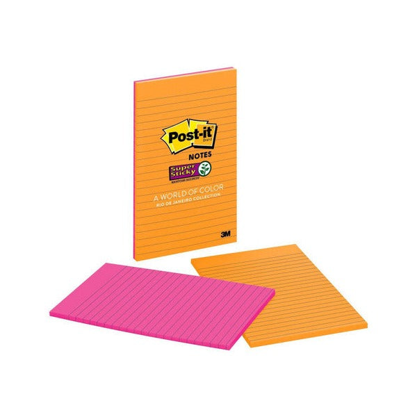 Post-it Super Sticky lined pack 5845-SSUC in Rio de Janeiro orange with a pink and an orange 127 x 203mm lined pad laid in front