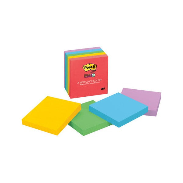Post-it 654-5SSAN Marrakesh pack with loose yellow, green, blue and purple 76mm square pads in front