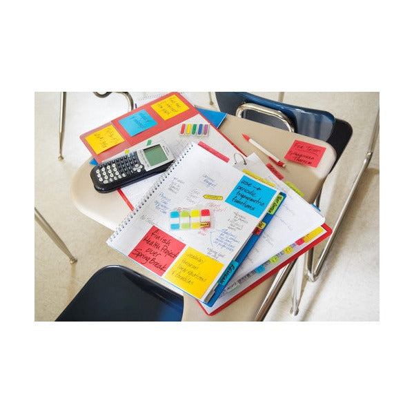 Desk with a spiral notebook, calculator, page flags and assorted square notes, a general Post-it scene