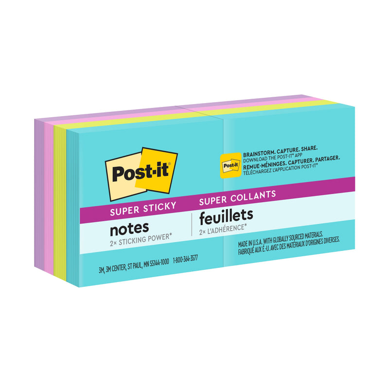 Post-it Super Sticky 622-8SSMIA eight pad pack seen from the side, aqua front with purple, pink and lime layers, 3M product image