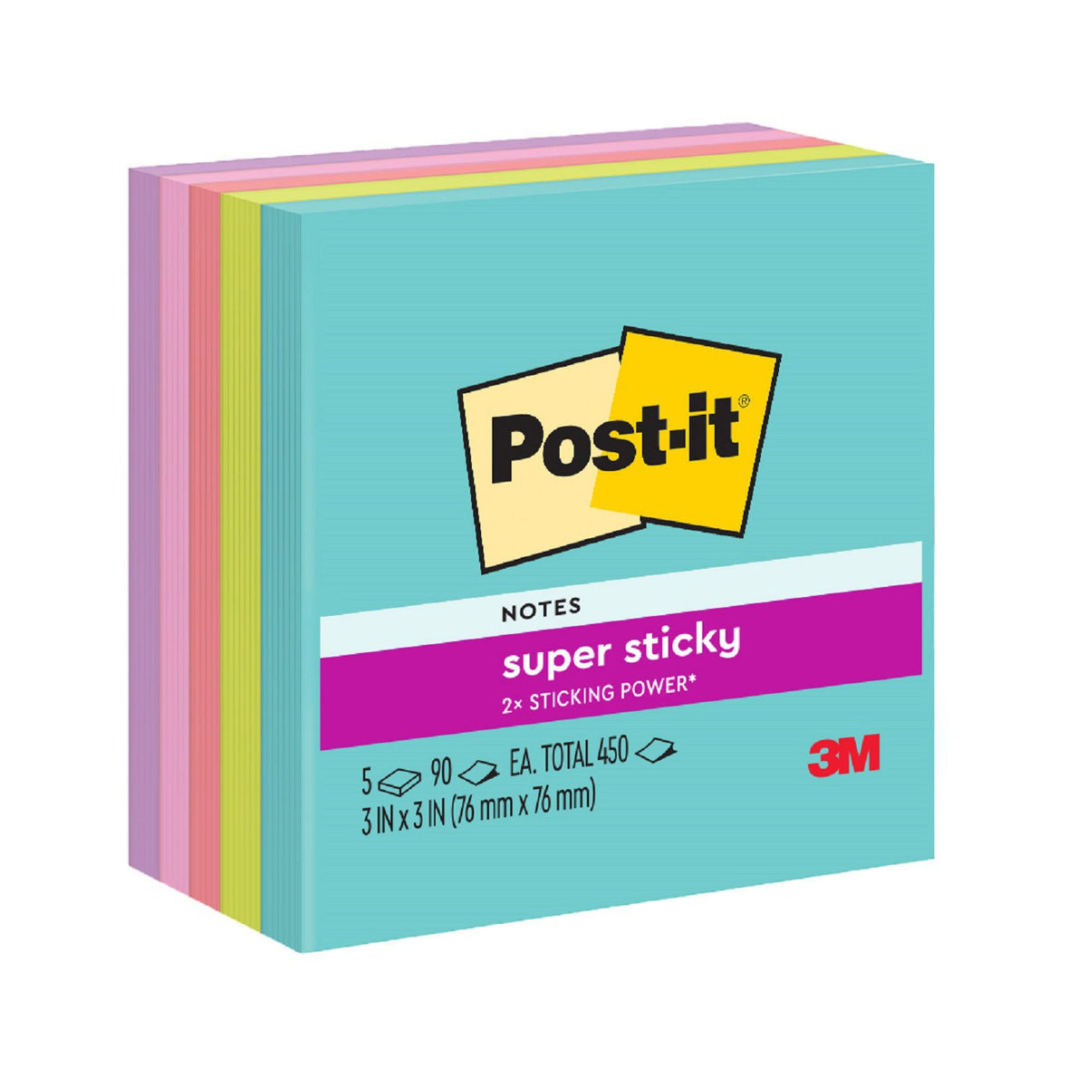 Post-it Super Sticky 654-5SSMIA newer pack in aqua with lilac, pink, coral and lime layers, printed 5 x 90 EA total 450, 76 x 76mm