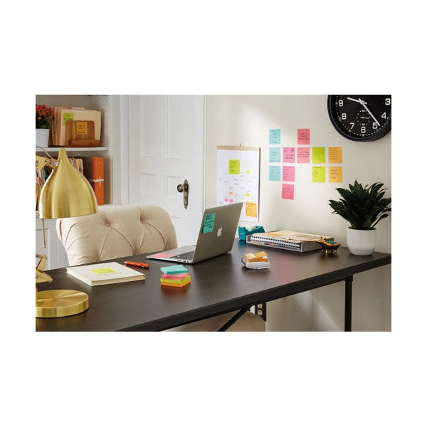 Home office desk with a laptop and a stack of Miami coloured notes, more notes arranged on the wall behind