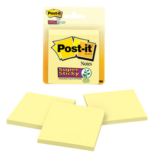Post-it Super Sticky Notes 3321-SSCY canary yellow 76 x 76mm pack of 3 pads 45 sheets each with 2x full adhesive backing for vertical surfaces and office organisation
