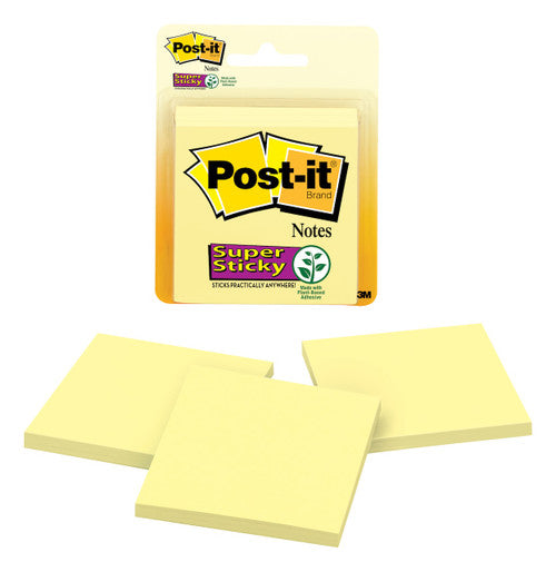 Post-it Super Sticky Notes 3321-SSCY canary yellow 76 x 76mm pack of 3 pads 45 sheets each with 2x full adhesive backing for vertical surfaces and office organisation