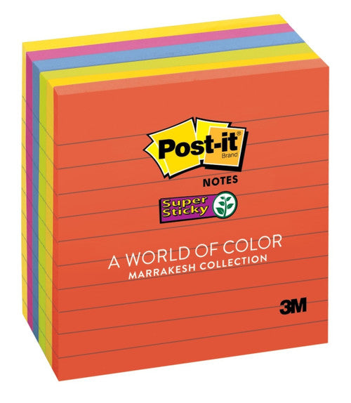 Post-it Super Sticky Notes Lined Marrakesh 675-6SSAN 101 x 101mm pack of 6 pads 90 sheets each in warm assorted Marrakesh colours with lines and Super Sticky adhesive