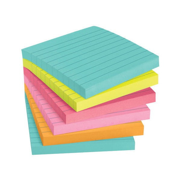 Stack of lined Post-it Super Sticky pads in aqua, lime yellow, coral, light pink and orange from the Miami pack