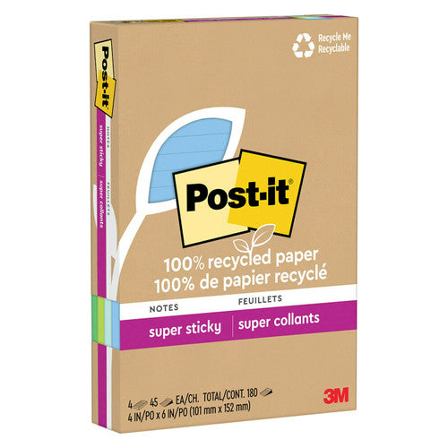 Post-it Super Sticky Notes Lined Oasis 4621R-4SST 101 x 152mm pack of 4 pads 45 sheets each in calming Oasis collection colours made from 100% recycled paper with 2x adhesion