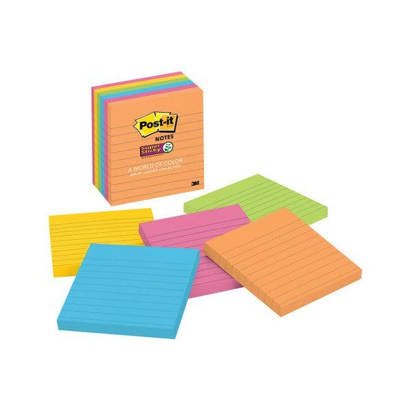 Post-it Rio de Janeiro lined Super Sticky pack with loose pads in orange, blue, pink, green and yellow spread in front
