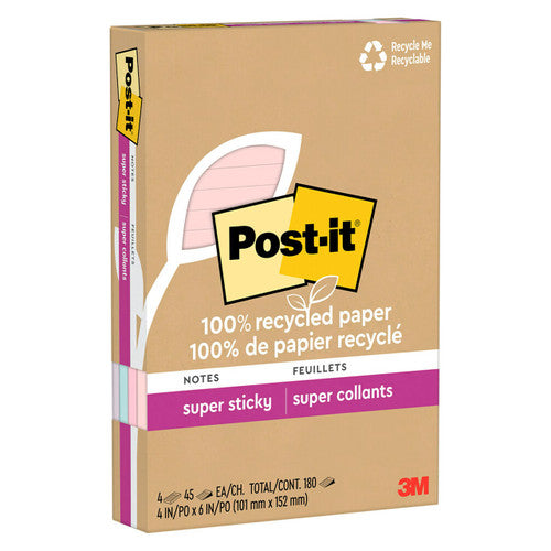 Post-it Super Sticky Notes Lined Wanderlust Pastels 4621R-4SSNRP 101 x 152mm pack of 4 pads 45 sheets each large-format lined notes in soft pastel colours from 100% recycled paper