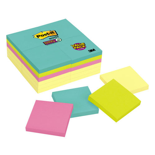 Post-it Super Sticky Notes Miami 654-24SSCYM 76 x 76mm bulk pack of 24 pads 90 sheets each in vivid Miami collection colours