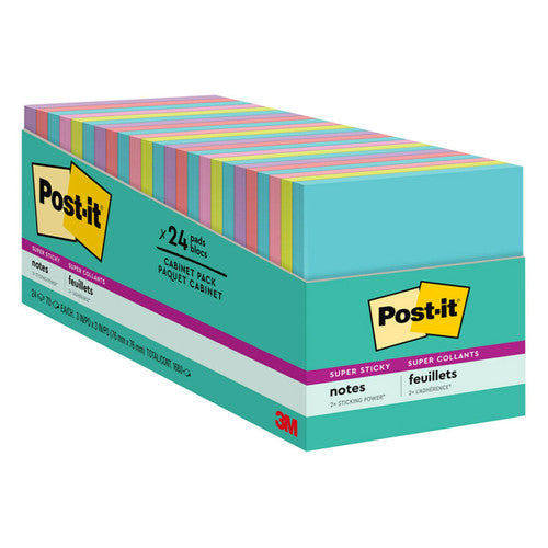 Post-it Super Sticky Notes Miami 654-24SSMIA close-up showing 30% recycled paper packaging and vivid Miami neon assortment