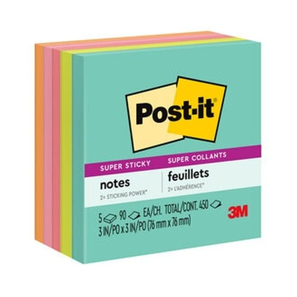 Post-it Super Sticky Notes Miami 654-5SSMIA 76 x 76mm pack of 5 pads 90 sheets each in vivid Miami collection colours with 2x Super Sticky full adhesive backing