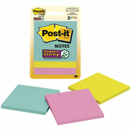 Post-it Super Sticky Notes Miami 3321-SSMIA 76 x 76mm pack of 3 pads 45 sheets each in vivid Miami colours with 2x Super Sticky adhesive for walls and vertical surfaces