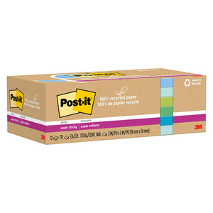 Long kraft Post-it carton of Super Sticky notes with blue and green pad edges, printed 12 pads of 70 sheets at 76 x 76mm
