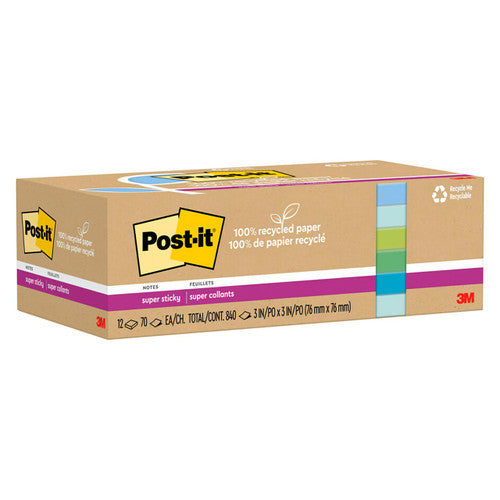 Post-it Super Sticky Notes Oasis 654R-12SST 76 x 76mm pack of 12 pads 90 sheets each in calming Oasis collection colours made from 100% recycled paper with 2x adhesion