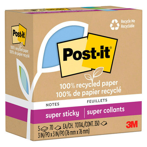 Post-it Super Sticky Notes Oasis 654R-5SST 76 x 76mm pack of 5 pads 90 sheets each in calming Oasis colours from 100% recycled paper with 2x Super Sticky adhesion