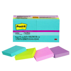 Post-it Super Sticky Notes Rio 622-8SSAU 48 x 48mm compact square pack of 8 pads 90 sheets each in vivid Rio de Janeiro colours with 2x Super Sticky adhesion
