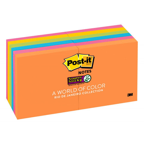 Post-it Super Sticky Notes Rio 654-12SSUC 76 x 76mm pack of 12 pads 90 sheets each in assorted Rio de Janeiro colours with 2x Super Sticky adhesive backing
