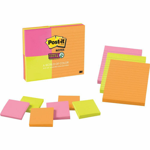 Post-it Super Sticky Notes Rio 4633-9SSAU assorted sizes pack of 9 pads with 6 pads 76 x 76mm and 3 pads 101 x 152mm lined in vivid Rio colours