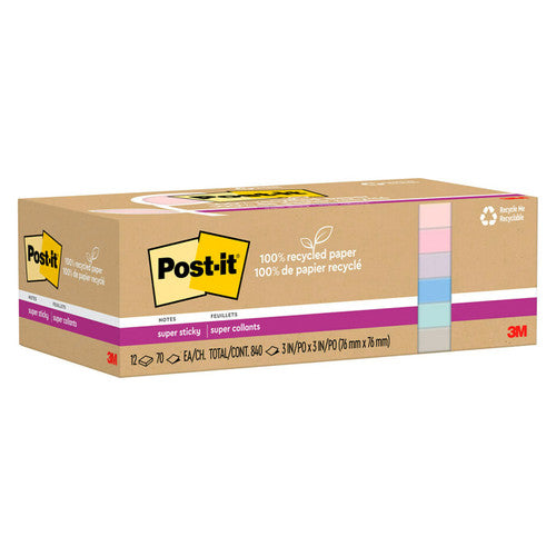 Post-it Super Sticky Notes Wanderlust Pastels 654R-12SSNRP 76 x 76mm pack of 12 pads 90 sheets each in soft pastel colours made from 100% recycled paper with 2x adhesion