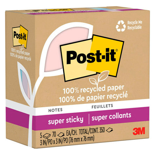 Post-it Super Sticky Notes Wanderlust Pastels 654R-5SSNRP 76 x 76mm compact pack of 5 pads 90 sheets each in soft pastel colours made from 100% recycled paper 2x adhesion