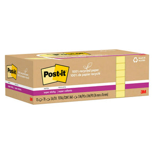 Post-it Super Sticky Notes Canary Yellow 654R-12SSCY 76 x 76mm pack of 12 pads 90 sheets each made from 100% recycled paper with 2x Super Sticky adhesion on walls