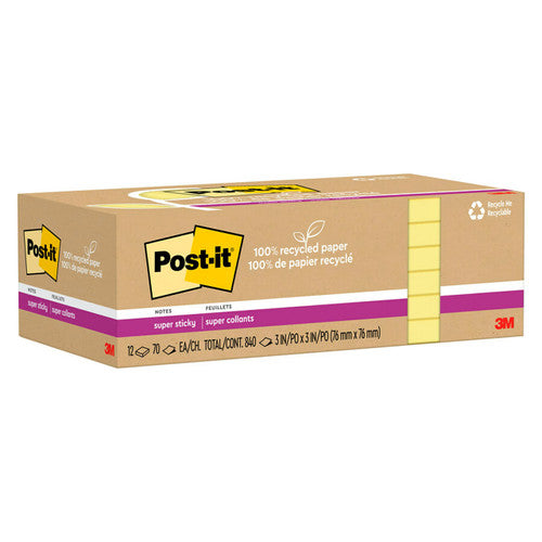Post-it Super Sticky Notes Canary Yellow 654R-12SSCY 76 x 76mm pack of 12 pads 90 sheets each made from 100% recycled paper with 2x Super Sticky adhesion on walls