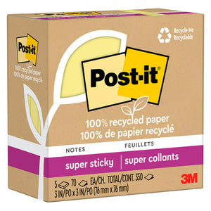 Post-it Super Sticky Notes Canary Yellow 654R-5SSCY 76 x 76mm pack of 5 pads 90 sheets each made from 100% recycled paper with 2x Super Sticky adhesion on walls