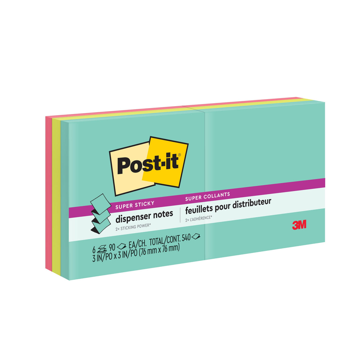 Current 3M wrap of Post-it R330-6SSMIA Super Sticky dispenser notes in aqua, printed 6 pads of 90, 540 notes, 76 x 76 mm