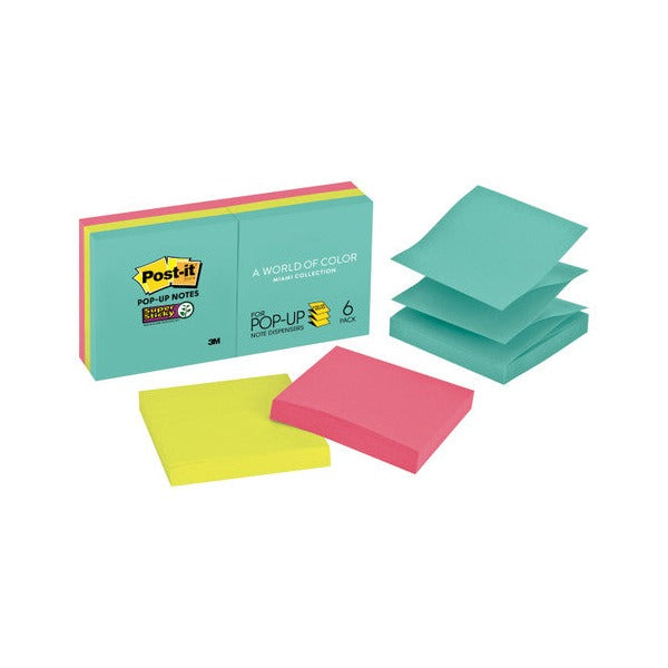 Earlier Post-it R330-6SSMIA pack printed Miami Collection Super Sticky Pop-up Notes, with yellow and pink pads and a fanned aqua stack