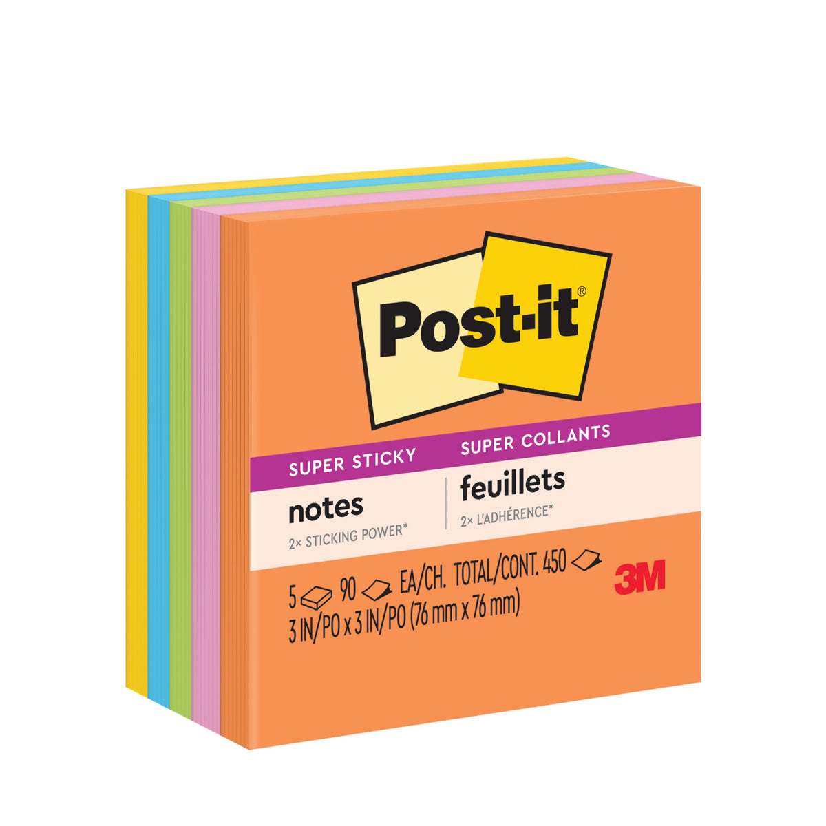 Post-it Super Sticky 654-5SSAU current pack in orange with yellow, blue, green and pink layers, printed 5 x 90 EA total 450, 76 x 76mm