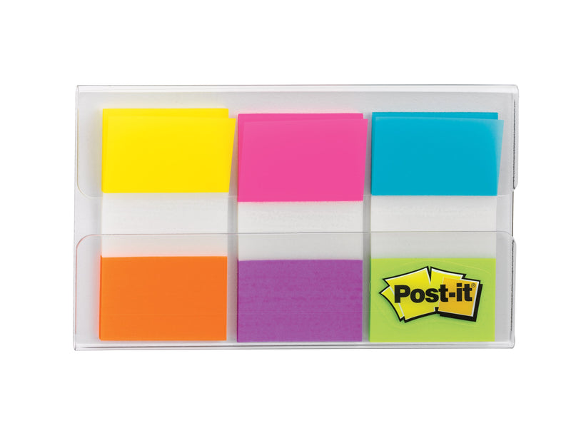 Open Post-it 680-EG-ALT holder out of its card, showing yellow, pink, blue, orange, purple and green flags side by side