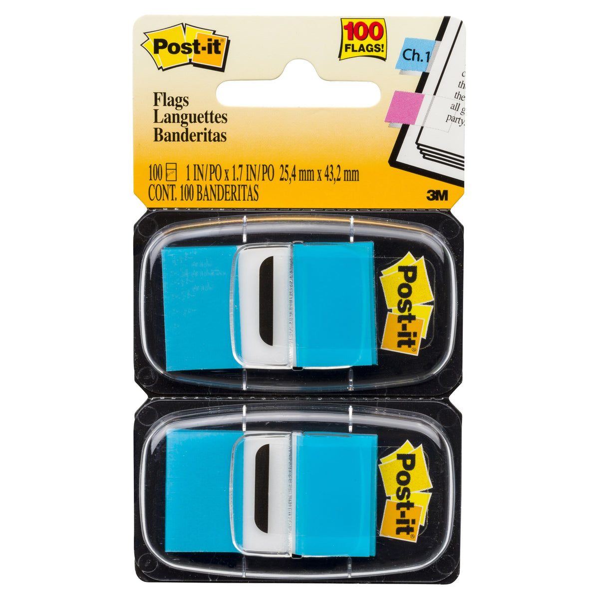 Post-it 680-BB2 twin pack card with two Bright Blue flag dispensers, label printing 100 flags at 25.4 x 43.2mm