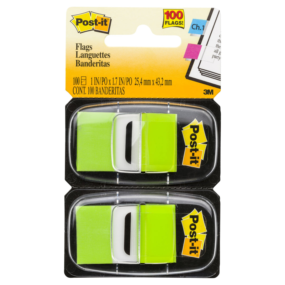 Post-it 680-BG2 twin pack card holding two Bright Green lime flag dispensers, 100 flags at 25.4 x 43.2mm printed