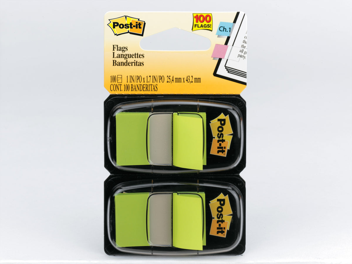 Post-it Bright Green flag twin pack photographed upright against a pale grey background, flags pulled up in each dispenser
