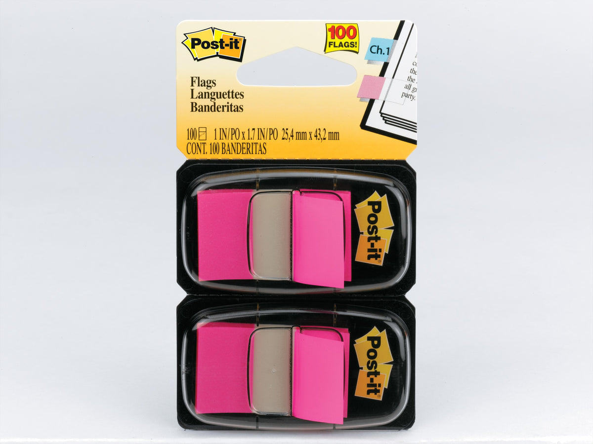 Post-it Bright Pink flag twin pack shown upright by 3M on a light grey background, two pink flags raised
