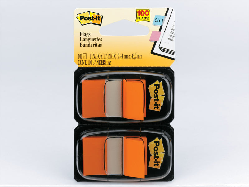 Post-it orange flag twin pack shown by 3M upright on a pale grey background, one orange flag raised in each dispenser